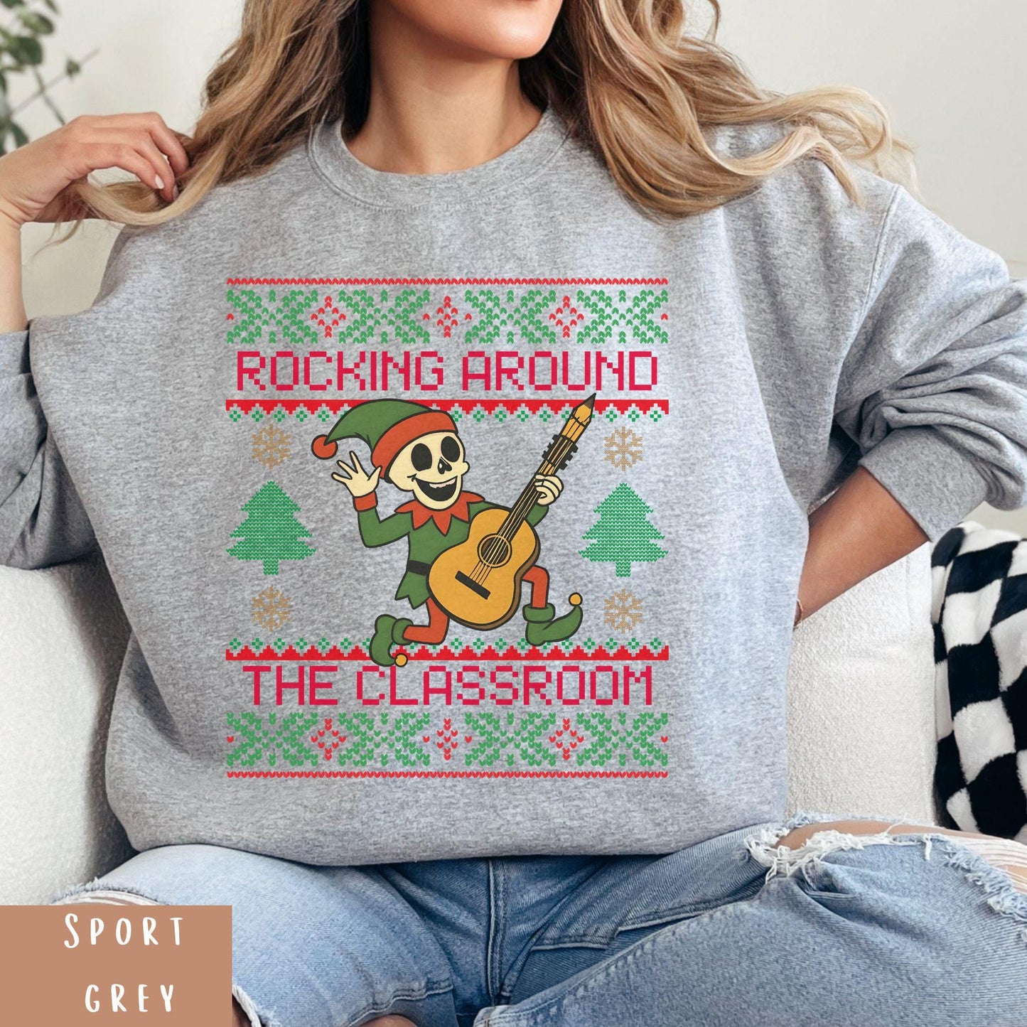 Rockin' around the Christmas Tree Shirt Ugly Christmas Sweater For Teacher Dancing Skeleton Sweatshirt Funny Christmas Sweater