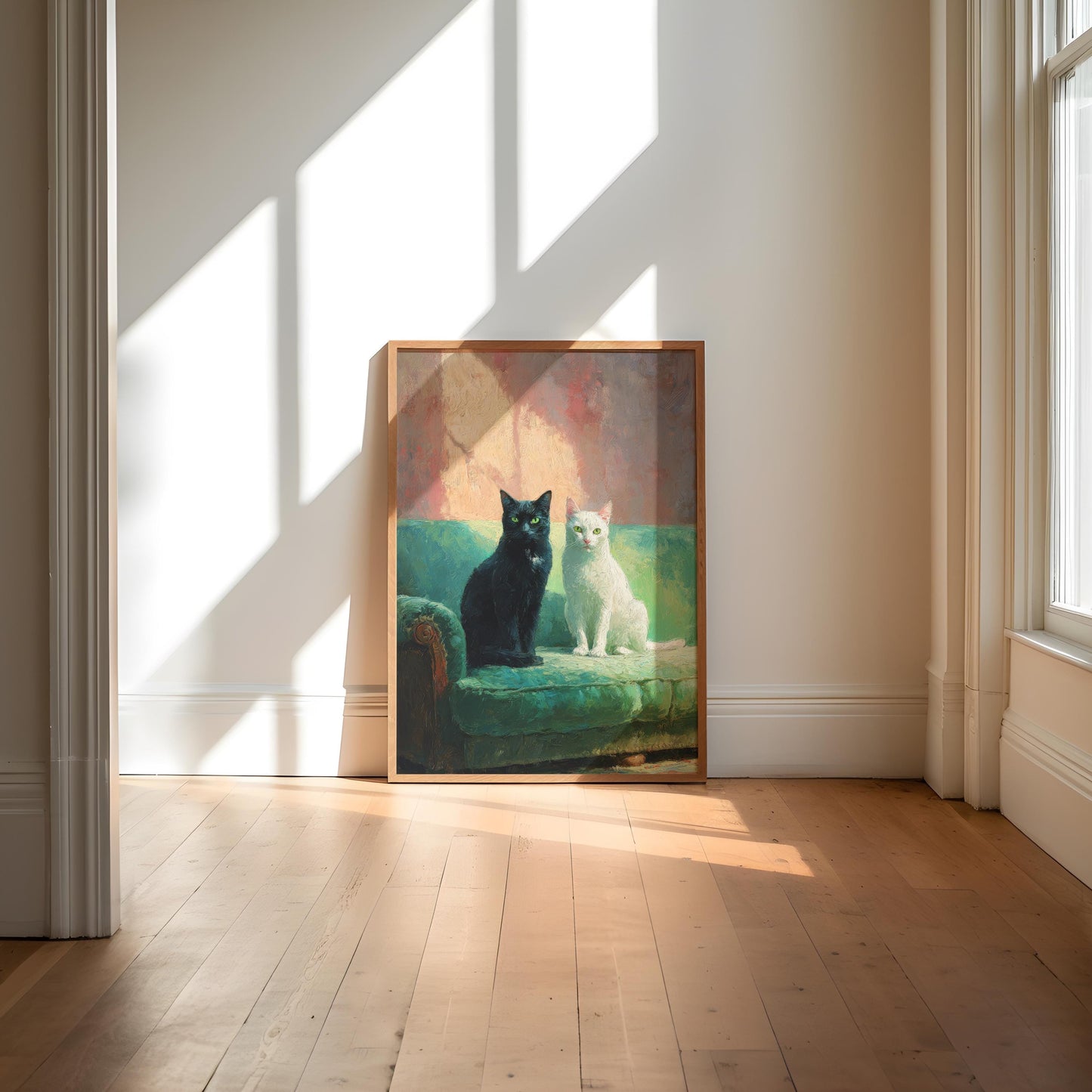 Black and White Cats on Green Sofa Fine Art Print | Cute Quirky Whimsical | Cocktail Art | Bar Cart Decor | Trendy Home Wall Art Gift