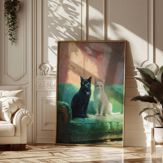 Black and White Cats on Green Sofa Fine Art Print | Cute Quirky Whimsical | Cocktail Art | Bar Cart Decor | Trendy Home Wall Art Gift
