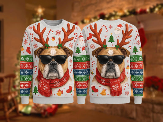 Ugly Christmas Sweater Bulldog, Funny Dog Reindeer Xmas Sweatshirt, Holiday Party Outfit, Cool Pet Lover Winter Gift Pullover