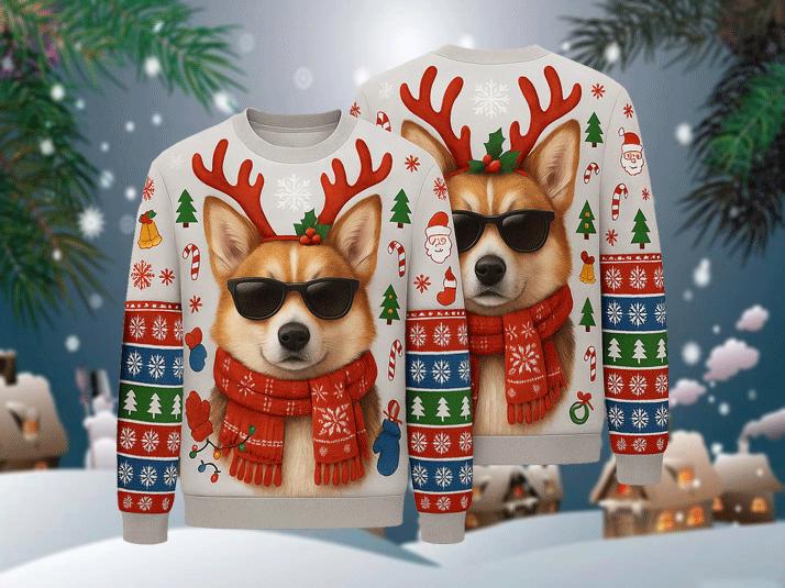 Ugly Christmas Sweater Corgi Dog, Funny Reindeer Xmas Sweatshirt, Holiday Party Outfit, Cool Pet Lover Winter Gift Pullover