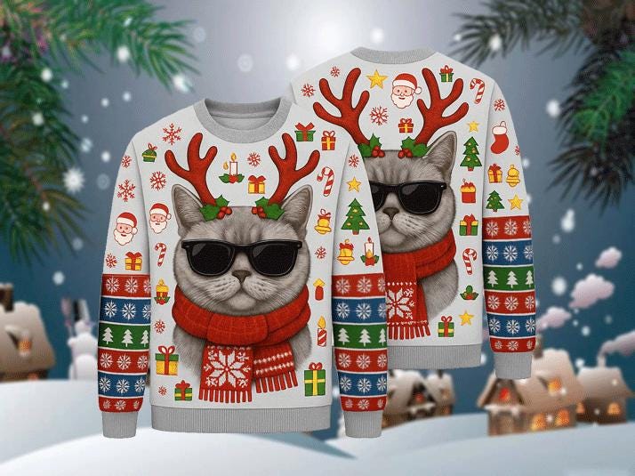 Ugly Christmas Sweater Cat, Funny Cool Reindeer Kitty Xmas Sweatshirt, Holiday Party Outfit, Pet Lover Winter Gift Pullover