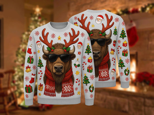 Ugly Christmas Sweater Bison, Funny Buffalo Reindeer Xmas Sweatshirt, Holiday Party Outfit, Cool Animal Winter Gift Pullover