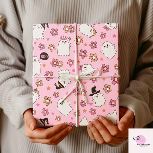 Floral Ghost Halloween Wrapping Paper: Pastel Kids Party Decor