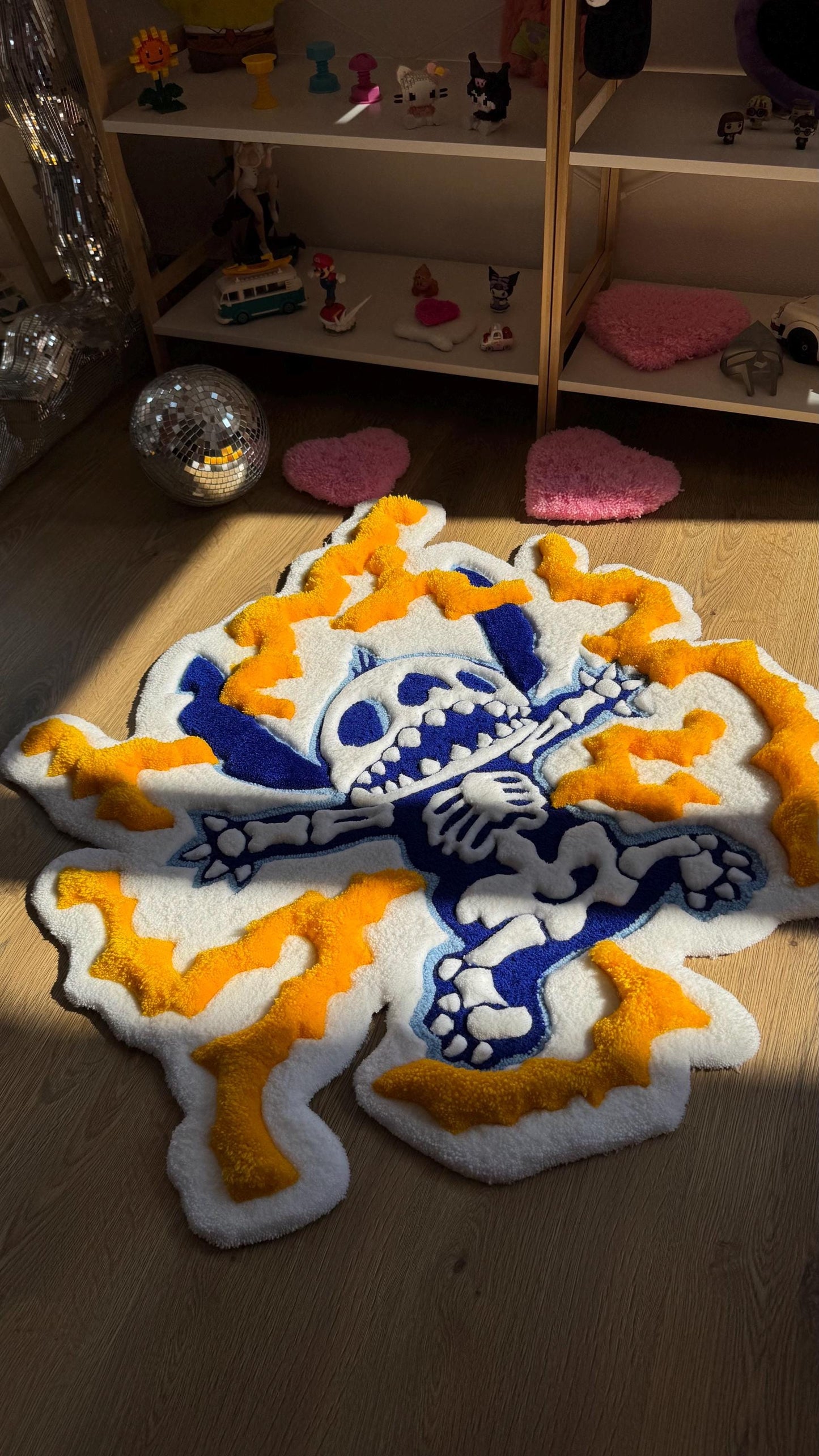 Skeleton Handmade Puffy Tufted Rug – Custom Handmade 3D Carpet, Fluffy Kawaii Goth Decor, Creepy-Cute Rug for Bedroom size 3 x 3 ft