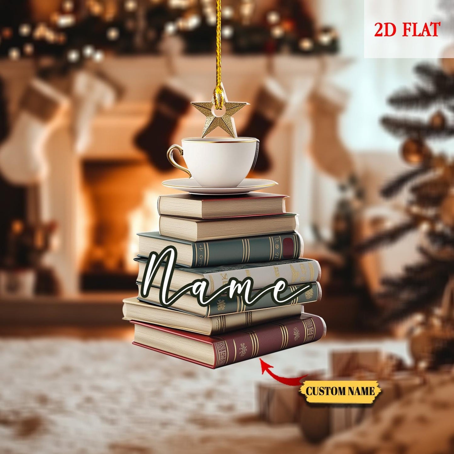 Custom Christmas Book Tree Name 2D Flat Ornament, Book Christmas Tree 2025, Book Lover Gift, Bookworm Gifts, Book Ornament, book club gift