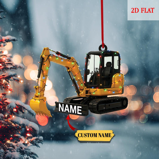 Custom Name Excavator Led Light Flat 2D Ornament, Machine Ornament, Construction Gift, Christmas Tree Hanging Decor, Excavator Ornament