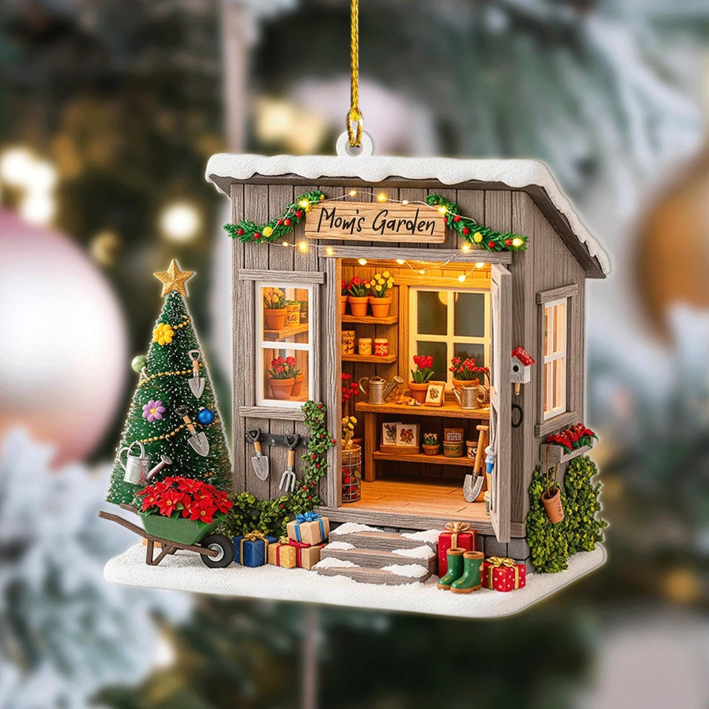 Personalized Garden Shed Christmas Ornament 2025 – Custom Name Gardener Holiday Tree Decor with Tools & Gifts, 2D Flat Onament