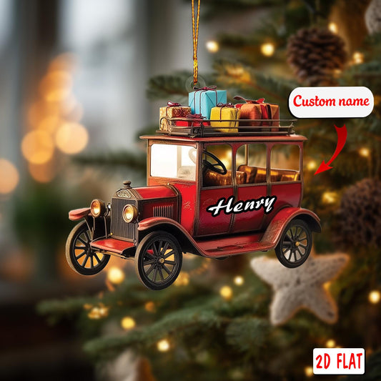 2D acrylic ornament, flat christmas ornament, personalized vintage car ornament, custom name ornament, classic car decor, retro xmas gift