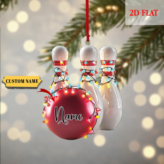 Personalized Name Bowling Ball & Pins 2D Flat Acrylic Ornament, Bowling Christmas Tree Decoration, Gift For Bowling Teams, Bowling Ornament
