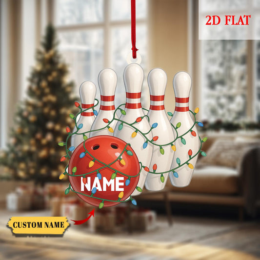 Personalized Name Bowling Ball & Pins 2D Flat Acrylic Ornament, Bowling Strike Ornament, Christmas Gift For Bowling Player, Bowling Decor