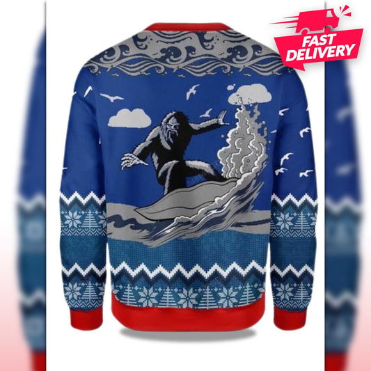 Bigfoot Surfing Christmas Ugly Sweater, Family Matching Outfit, Friends Party, Hoodie Xmas Gift For Dad, Boyfriend Ugly Sweater Gift