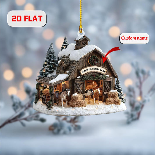 Personalized Horse Barn Christmas Ornament, Custom Name Farmhouse Ornament with Horses, 2D Flat Acrylic Decoration, Gift for Horse Lovers