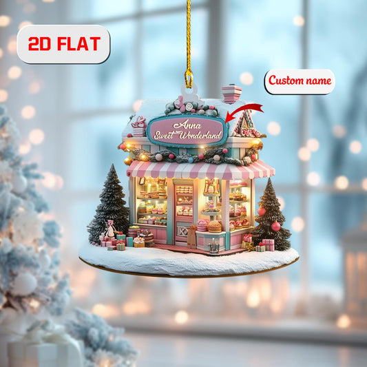 Personalized Sweet Shop Christmas Ornament, Custom Name Candy Store Ornament, 2D Flat Acrylic Decoration, Unique Xmas Gift for Bakery Lovers