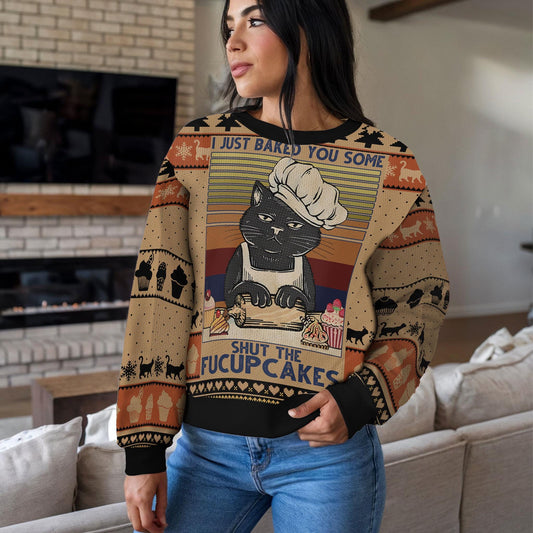 Funny Cat Ugly Christmas Sweater Shut The Fucupcakes Holiday Sweatshirt, Black Cat Baker Xmas Jumper Sweater Gift for Cat Lovers Bakers