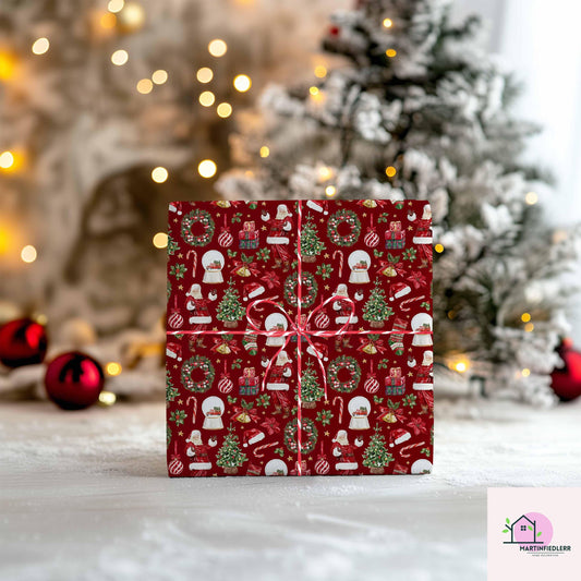 Santa Claus Christmas Wrapping Paper, Red Holiday Gift Wrap Sheets with Wreath Tree and Stockings, Festive Xmas Party Gift Packaging