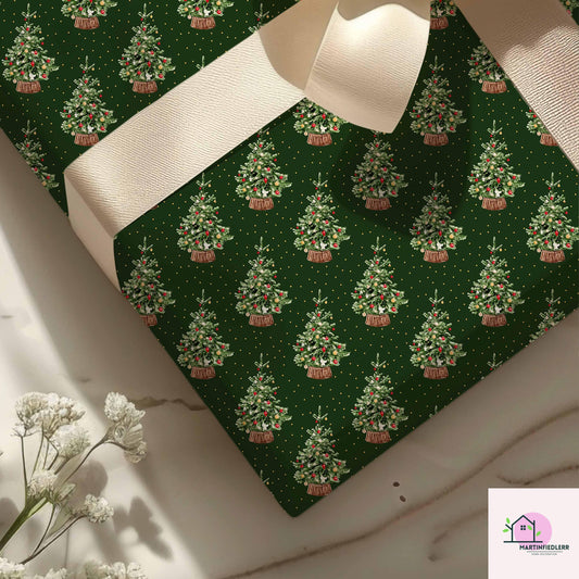Green Christmas Wrapping Paper: Vintage Tree in Basket Design