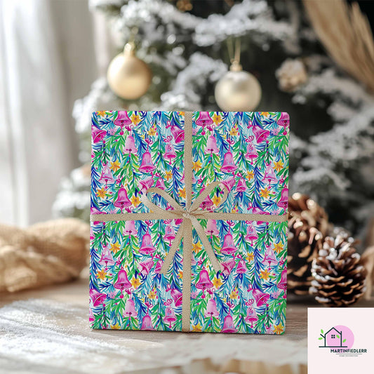 Pink Bell Christmas Wrapping Paper, Festive Holiday Gift Wrap Sheets with Green Leaves, Watercolor Xmas Bells Packaging, Winter Gift Wrap