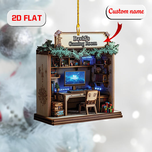 Custom Gaming Room Ornament 2D Flat, Personalized Gamer Christmas Ornament, Acrylic Ornament Gift for PC Gamers, Video Game Holiday Decor