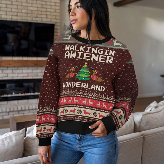 Walking in a Wiener Wonderland Ugly Christmas Sweater, Funny Dachshund Sausage Dog Sweatshirt, Cute Wiener Dog Xmas Gift for Dog Lovers