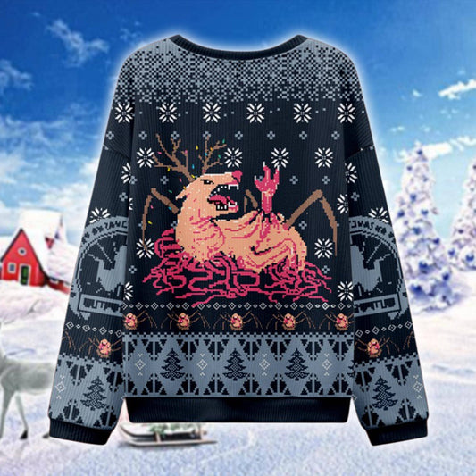 Cursed Reindeer Ugly Christmas Sweater, Creepy Deer Monster Knit Jumper, Horror Xmas Sweatshirt, Weird Holiday Gift for Him Her