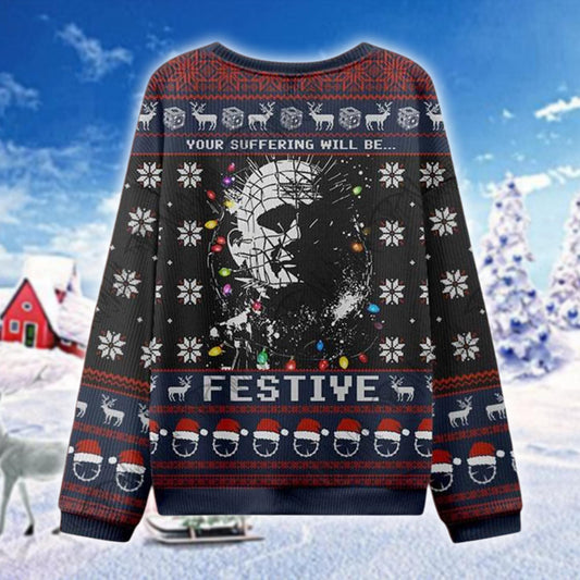 Hellraiser Ugly Christmas Sweater, Horror Movie Festive Jumper, Pinhead Holiday Sweatshirt, Gothic Xmas Party Gift for Him or Her