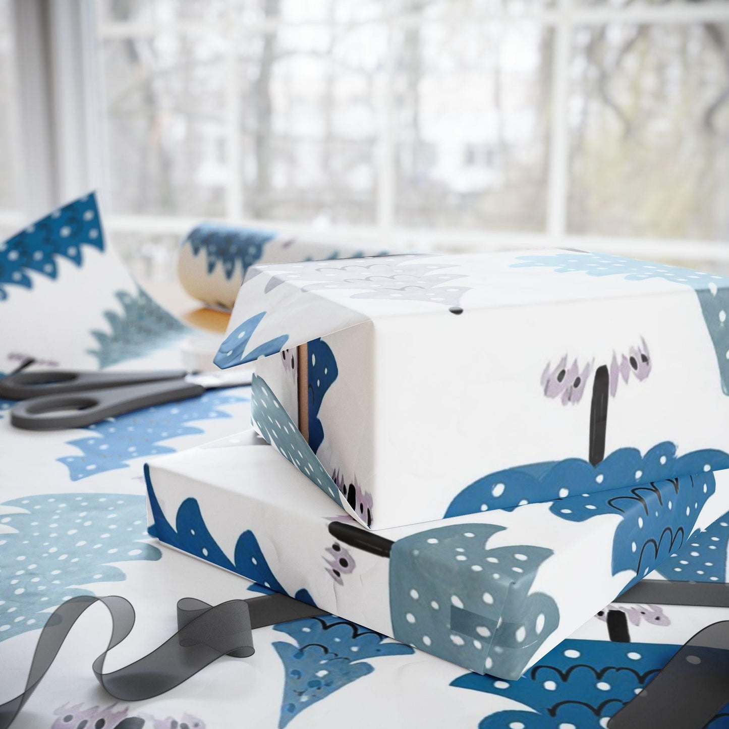 Blue Christmas Trees Wrapping Paper - Perfect for Baby Showers, Birthdays, Parties, Gift Wrap, and Celebrations, Unique Gift Giving