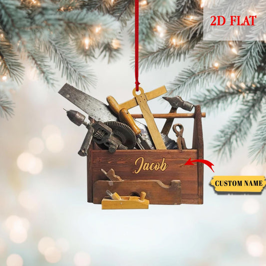 Personalized Carpenter Tool Box Ornament, Woodworking Christmas Decoration, Gift for Arborist, Tree Trimmer Cutter Decor, Arborist Christmas