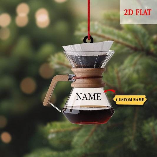 Personalized Coffee Pot Holiday Acrylic Ornament, Faux Glass Pour Over Brewer Acrylic Ornament, Coffee Lover Barista Christmas Decor Gift