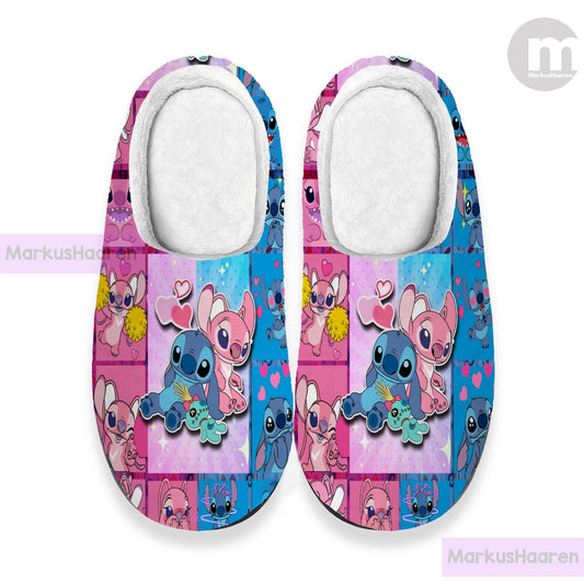 Personalized Stitch and Angel Cartoon 3D All Over Print Slipper, Custom Rubber Slipper, Winter Slipper, Cotton Slipper, Christmas Slippers