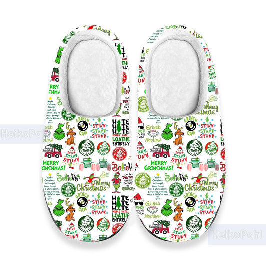 Grinch Christmas 3D All Over Print Indoor Slippers, Grinch Winter Slippers, Custom Rubber Slippers, Lightweight Rubber Sole, Cotton Slipper