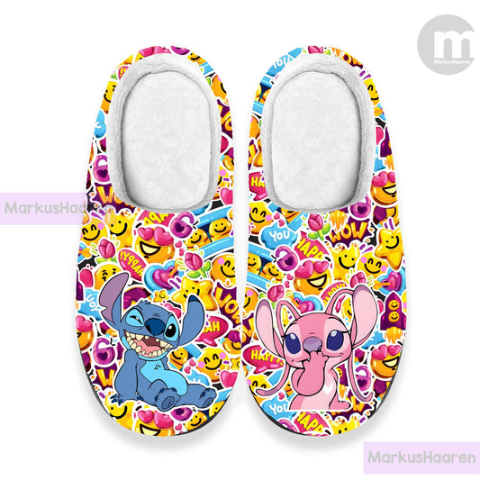 Personalized Stitch and Angel 3D All Over Print Slipper, Cartoon Winter Slipper, Cotton Slipper, Custom Rubber Slipper, Christmas Slippers
