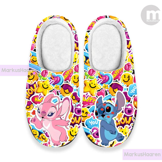 Personalized Stitch and Angel Love 3D All Over Print Slipper, Winter Slipper, Cotton Slipper, Custom Rubber Slipper, Christmas Slippers