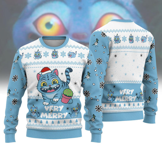 Blue Tiger Christmas Ugly Sweater, Cute Derpy Tiger Very Merry Sweater, Kpop Anime Sweater For Men Women, Fun Animals Holiday Sweater