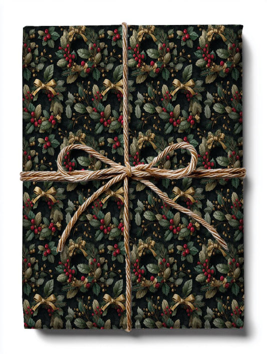 Christmas Holly Wrapping Paper - Traditional Holiday Gift Wrap, Modern Christmas Wrapping, Festive Present Wrapping, Unique Gift Giving
