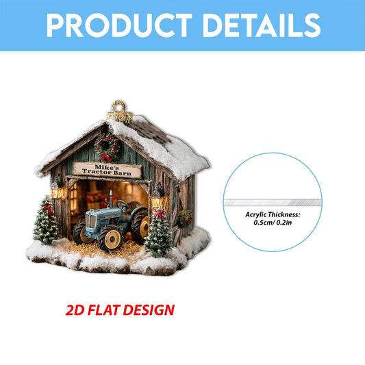 Personalized Tractor Barn Ornament, Custom Farm Christmas Decoration, Rustic Holiday Gift for Farmers & Collectors, 2D Flat ornament