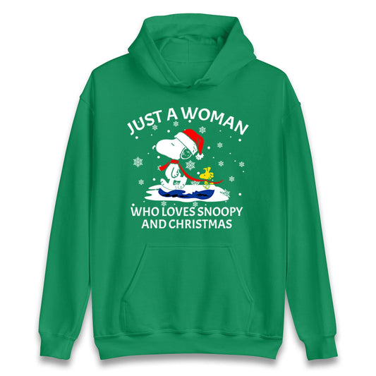 Just A Woman Who Loves Snoopy And Christmas Jumper, Funny Xmas Tee, Cute Holiday Gift Sweatshirt, Snoopy Lover Ugly Christmas Top
