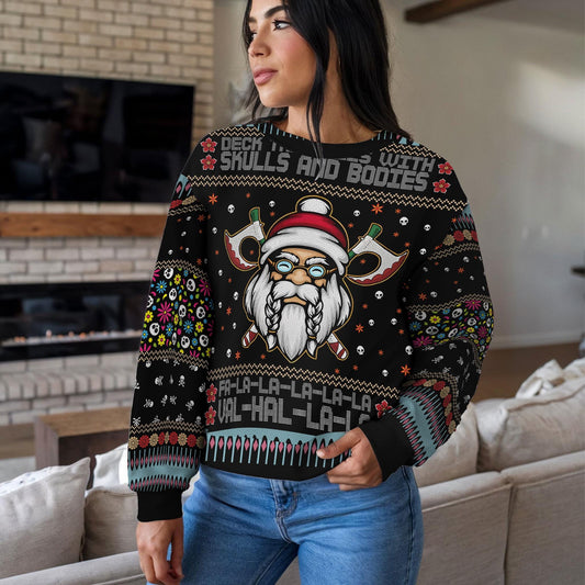 Funny Viking Santa Ugly Christmas Sweater For Men Women, Deck The Halls With Skulls And Bodies Ugly Xmas Sweatshirt, Nordic Holiday Gift