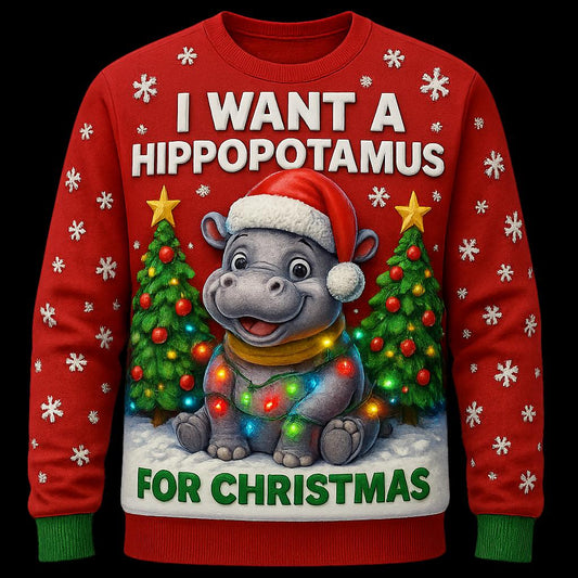 Ugly Christmas Sweater Hippo, Funny Hippopotamus Xmas Sweatshirt, Holiday Party Outfit, Cute Animal Winter Gift Pullover