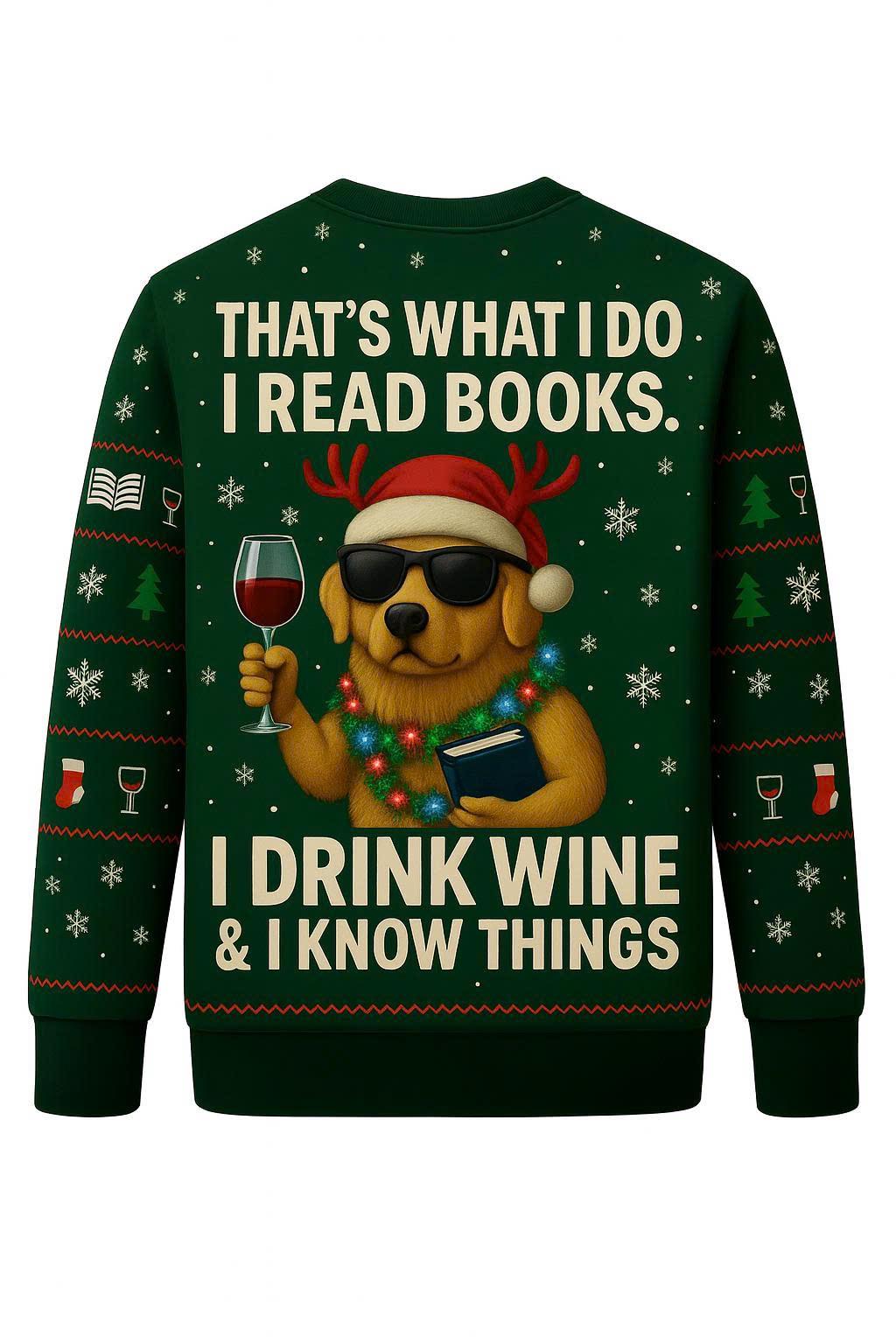 Ugly Christmas Sweater Dog Wine Books, Funny Reading Xmas Sweatshirt, Holiday Party Pullover, Book Lover Gift Top
