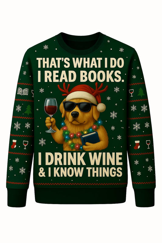 Ugly Christmas Sweater Dog Wine Books, Funny Reading Xmas Sweatshirt, Holiday Party Pullover, Book Lover Gift Top