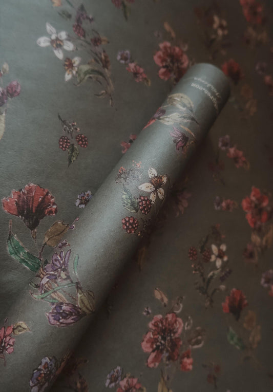 Flowers on dark gray kraft recycled wrapping paper,Gift Wrap,gift wrapping paper,recycled Wrapping paper,gift paper,floral wrapping paper
