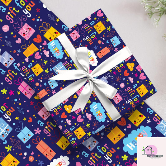Recycled Matte Gift Wrapping Paper: Fun Cartoon Presents, Kids Birthday