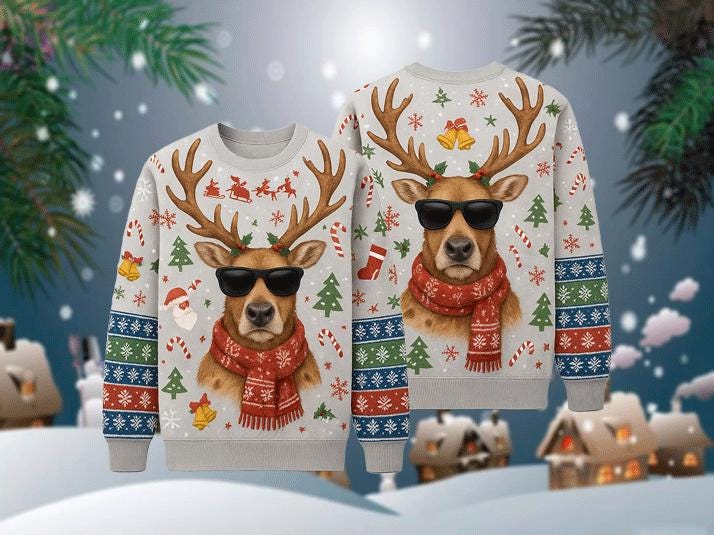 Ugly Christmas Sweater Reindeer Cool, Funny Sunglasses Xmas Sweatshirt, Holiday Party Outfit, Novelty Winter Gift Pullover