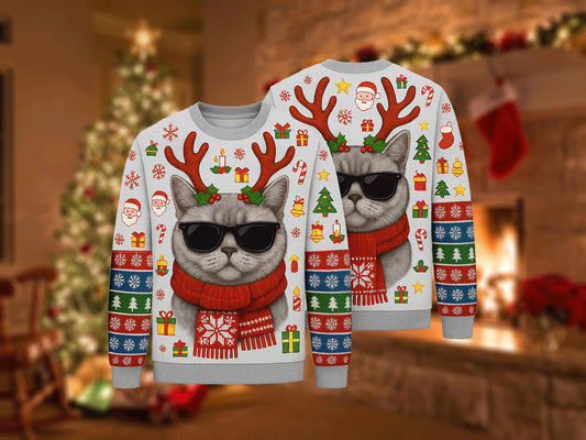 Ugly Christmas Sweater Cat, Funny Cool Reindeer Kitty Xmas Sweatshirt, Holiday Party Outfit, Pet Lover Winter Gift Pullover