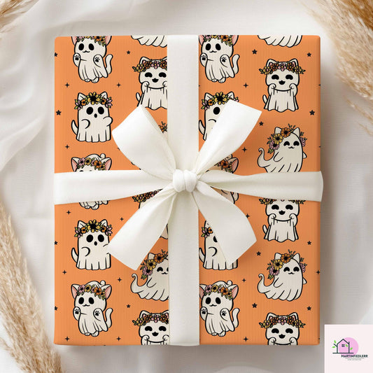 Cat Ghost Wrapping Paper: Compostable Fiber Paper, Cute Floral Halloween Style, Kids Party Wrapping Paper