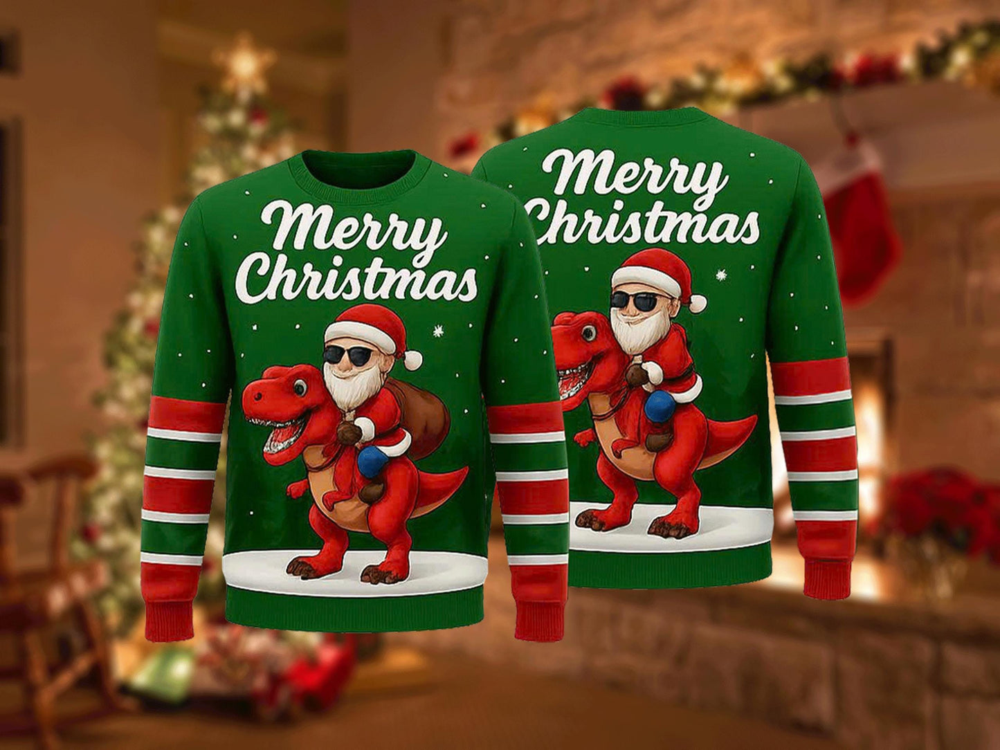 Ugly Christmas Sweater Santa Riding Dinosaur, Funny T Rex Xmas Sweatshirt, Holiday Party Outfit, Novelty Winter Gift Pullover