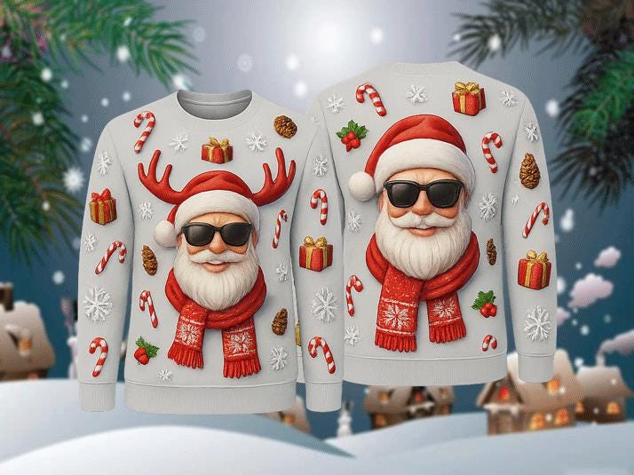 Ugly Christmas Sweater Santa Cool, Funny Sunglasses Xmas Sweatshirt, Holiday Party Outfit, Novelty Winter Gift Pullover