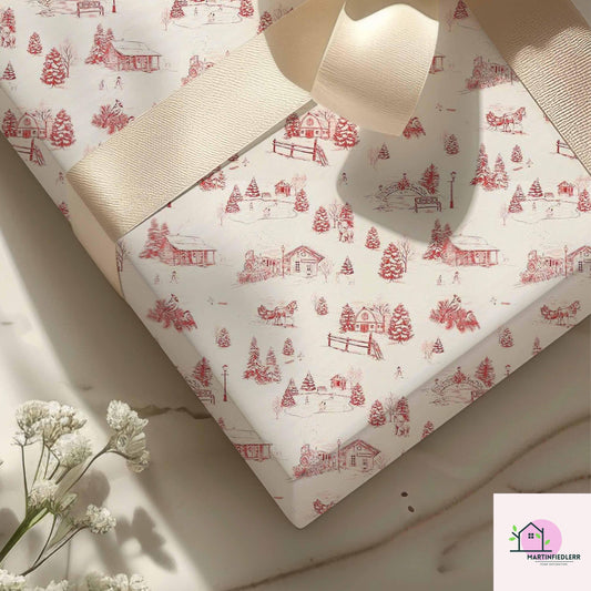 Christmas Village Toile Wrapping Paper: Rustic Winter Cabin Gift Wrap