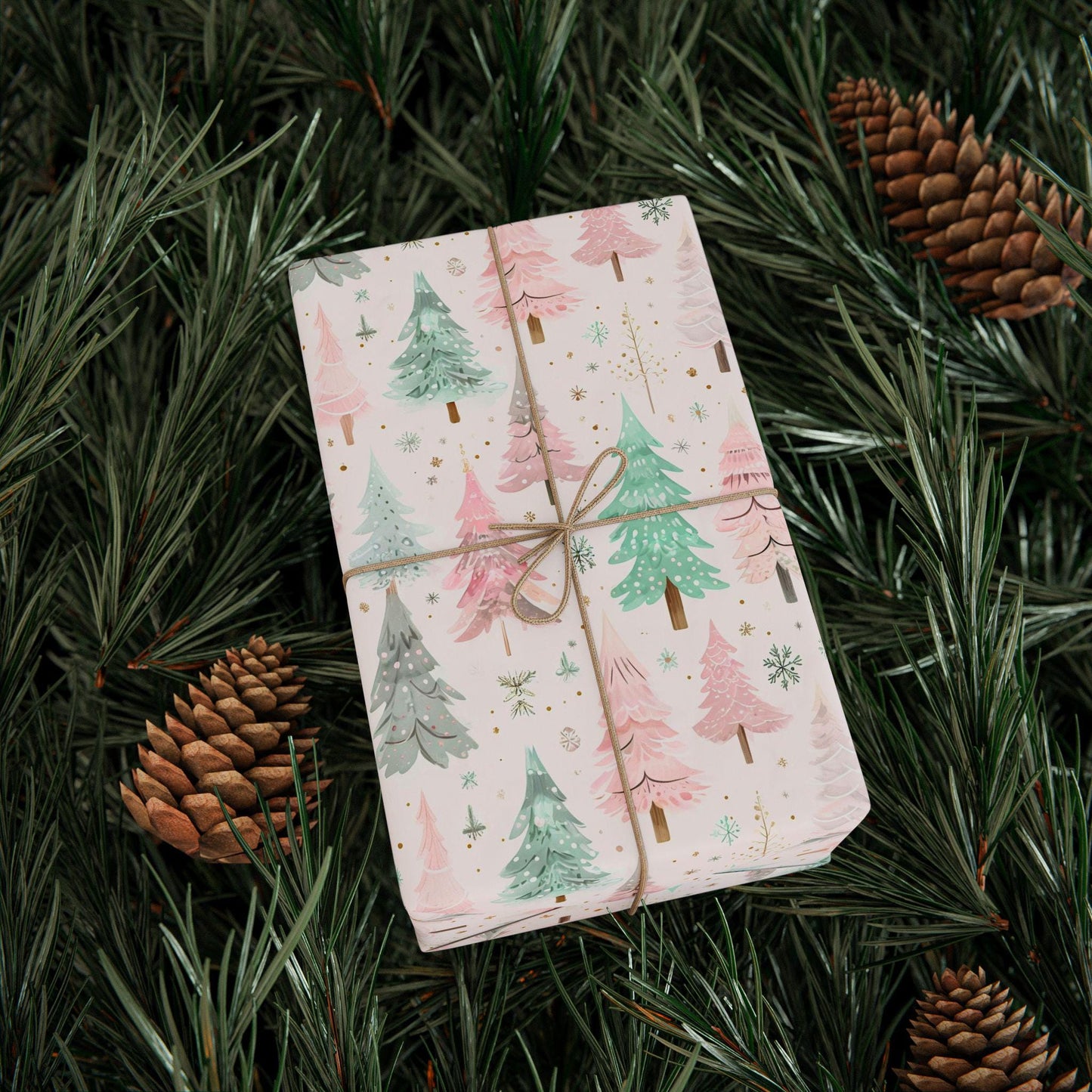 Pink Christmas Tree Wrapping Paper- Modern Holiday Gift Wrap, Watercolor Tree Print, Festive Winter Gift Wrap, Cute Pastel Christmas Decor
